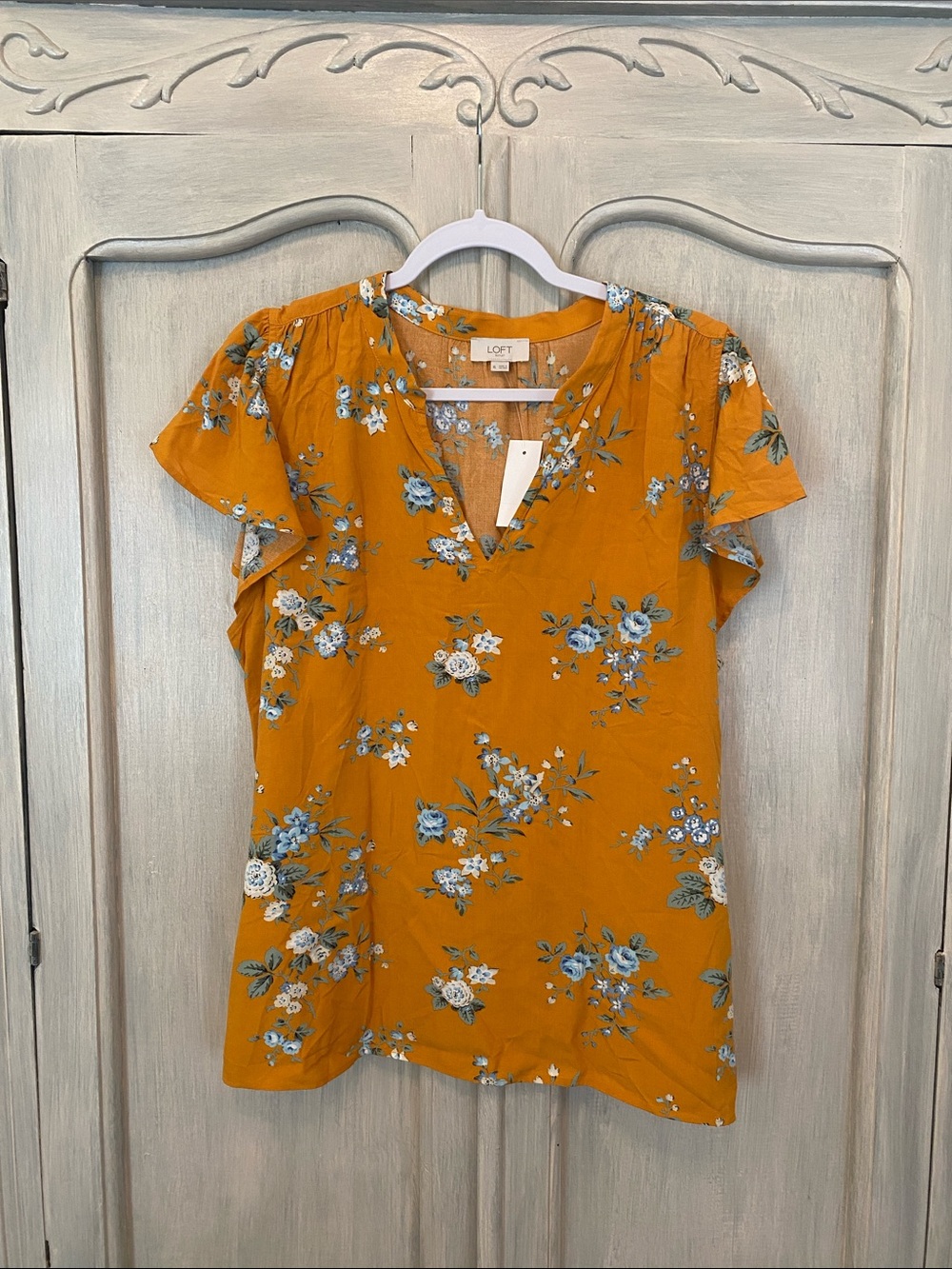 LOFT Mustard Floral V-Neck Short Sleeve Blouse